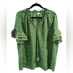 Max Studio Green Floral Ruffle Sleeve Short Sleeve Blouse- Size 1X
